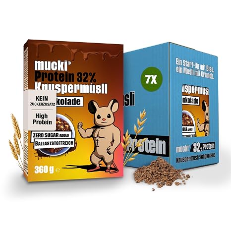 mucki Protein Crispy Muesli with Chocolate 360 g x 7-7 Pack High-Quality Protein Cereal without Sugar Protein-Rich Chocolate Muesli with 32% Protein Content Oatmeal Soy Crispies and Fibre