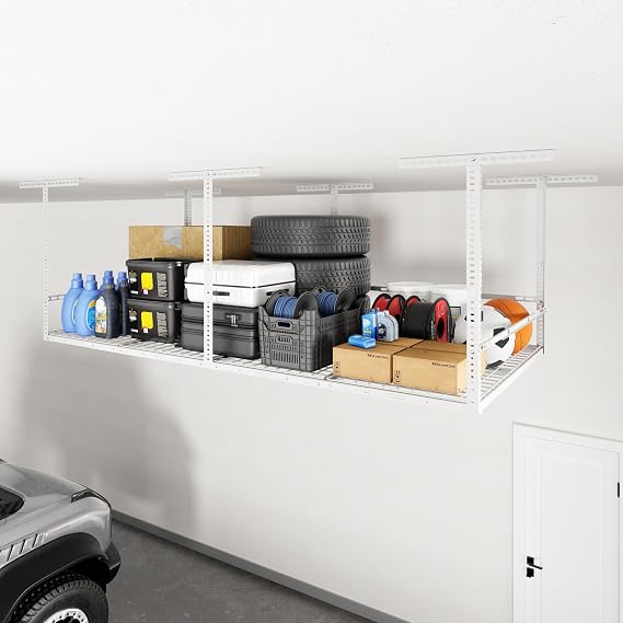 FLEXIMOUNTS 4x8 Overhead Garage Storage Rack Organization System, White