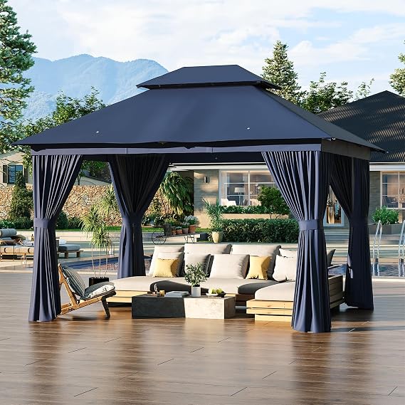12x10 Ft Outdoor Soft Top Gazebo with Double Roof, Canopy Gazebo with Mosquito Netting and Curtains, Suitable for Patios, Lawn and Backyard
