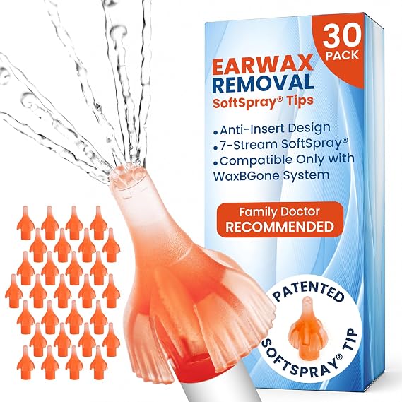 WaxBGone SoftSpray Replacement Irrigation Tips for Ear Cleaning, 30 Pack