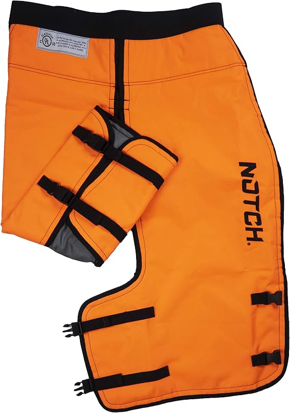 Notch Hi-vis Safety Orange Full Calf Wrap Chainsaw Chaps, Class B Frontal Protection 5 Layer Chain-Stopping Protective Fiber, UL Certified ASTM F1897-20, OSHA 1910-266