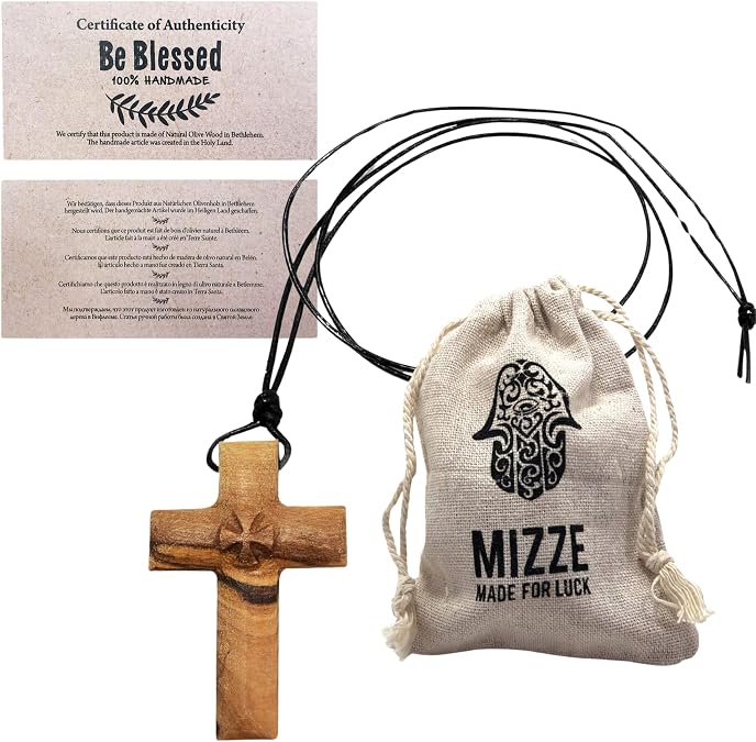 Wooden Cross Necklace for Men and Women - Olive Wood Cross Pendant on Long Adjustable Brown or Black Leather Cord Necklace - Wood Cross Pendant Gift for All Ages