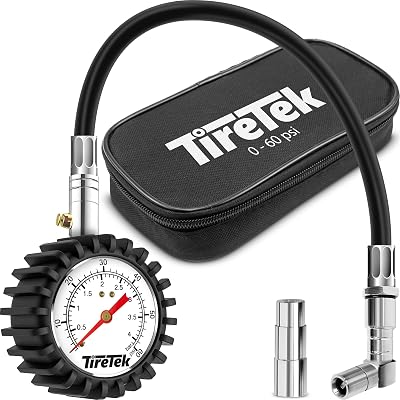 TireTek Tire Pressure Gauge for Cars and Trucks 60 PSI, ANSI Certified - Air Pressure Gauge for Tires, Motorcycle, Bike & SUV with Flexible Air Chuck - Includes Extra Presta Valve & Storage Pouch