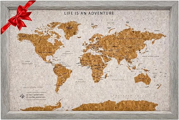 Splosh Framed Travel Map - Grey Small Wooden Pin Board with 100 Pins. Travel Map Cork Board. Wooden World Map, Corkboard Map Travel Gift. Mark your fast & future adventures!