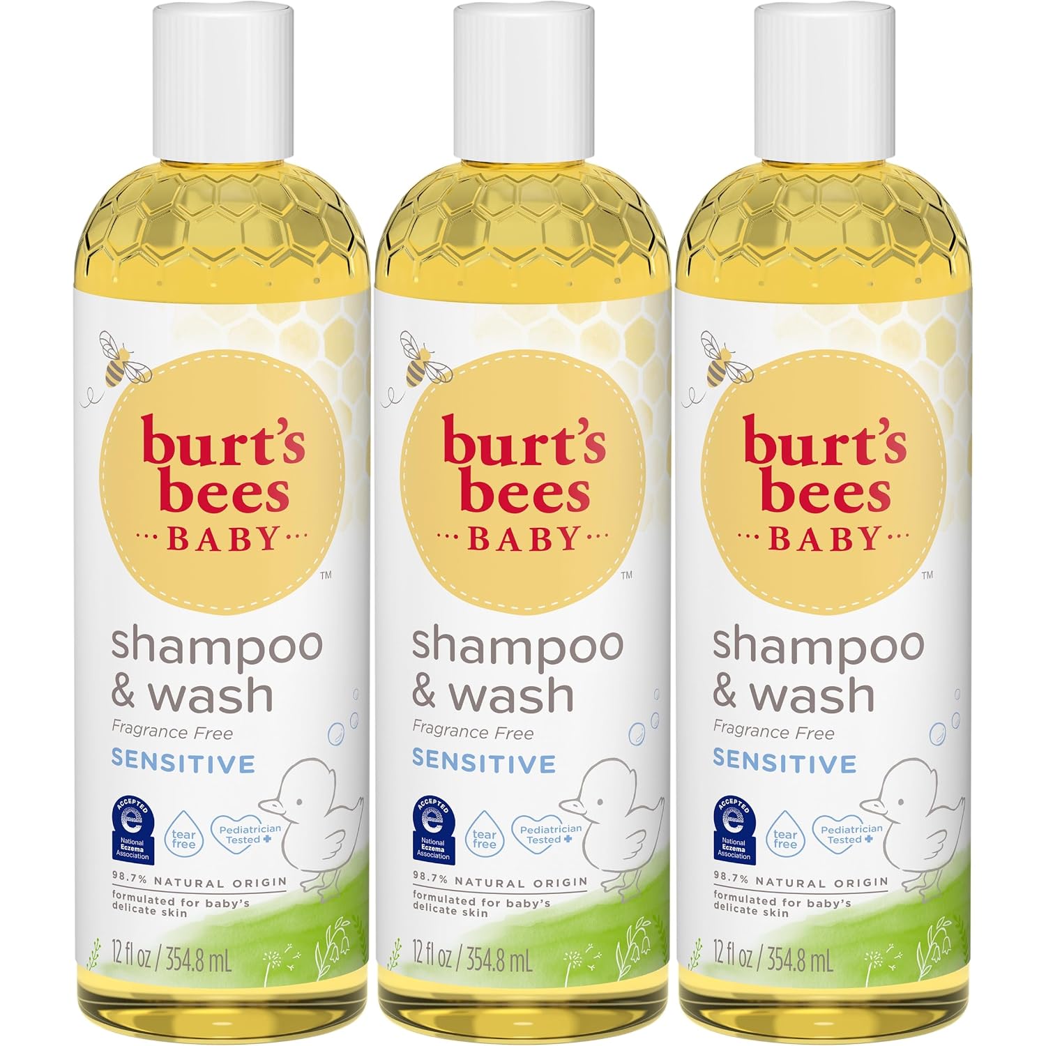 Burts Bees Baby Shampoo & Wash, Fragrance Free & Tear Free Baby Soap - 12 Ounce Bottle, Pack of 3