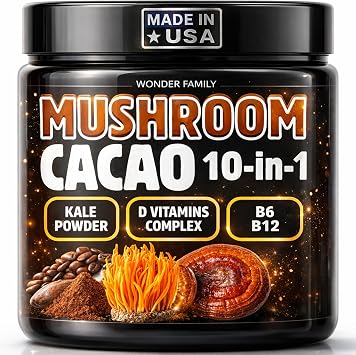 Instant Mushroom Powder 10:1 Cordyceps Mushroom Supplement with Reishi, Chaga & Shiitake Caffeine-Free Nighttime Drink with B6, B12, D + Probiotics Mushroom Cacao Organic Blend (No Sweetener)