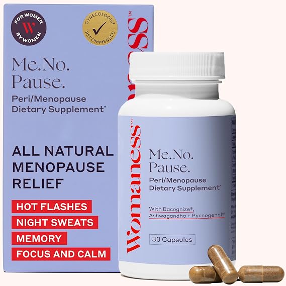 Womaness Me.No.Pause Supplement for Women - Hormone Balance for Women Perimenopause and Menopause - Ashwagandha, Pycnogenol and Bacognize for Hot Flashes, Brain Fog and Mood Hormone Free - 30 Capsules