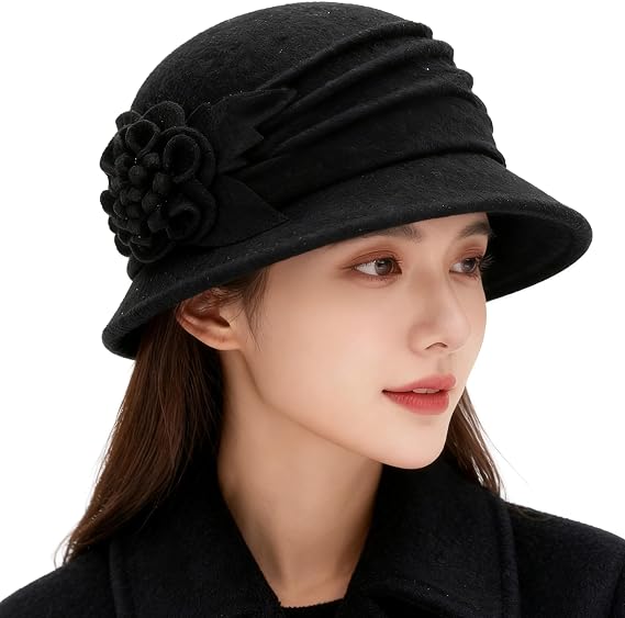 Mawjom 1920s Bowler Cloche Bucket Hat for Woman - Winter Warm Church Derby Fedora Hat with Bowknot