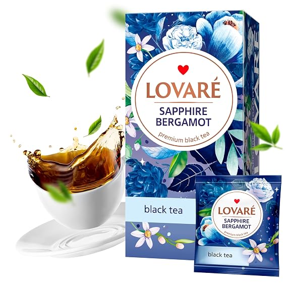 Individually Wrapped Tea Bags By Lovare Made in Ukraine - Assorted Bergamot Flavored Black Tea 4 Elegant Varieties in One Box, Gift Box For Blooming Tea Lovers Men & Women - 48 g (24 tea bags x 2 g each) (Sapphire Bergamot)