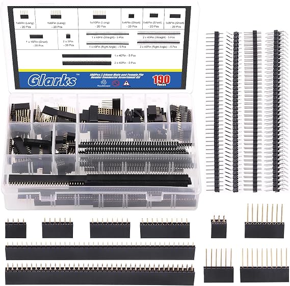 Glarks Connector Assortment 2.54mm Male and Female Long/Short Needle Stackable Shield and Single/Double Row Breakaway PCB Board Pin Header for Arduino Prototype Shield 190