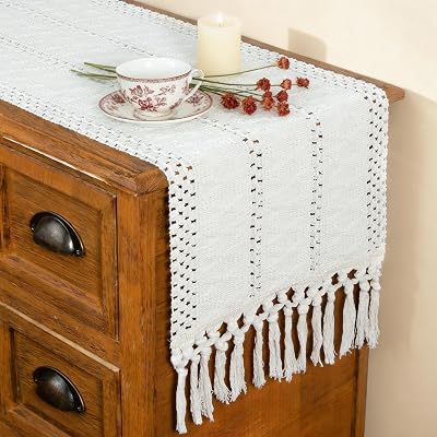Fexia Table Runner with Tassels Boho Macrame 72 Inches Long Cream Rustic Table Runner for Home Farmhouse Bohemian Dining Bedroom Decor Baby Bridal Shower12x72 Inches