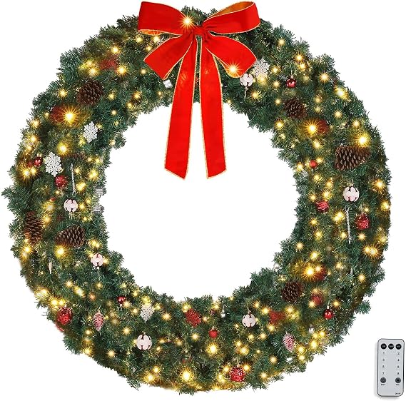 VINGLI 60 Inch Pre-lit Outdoor Christmas Wreath w/220 LED Lights, 600 PVC, Remote Control, Timer, Weather-Resistant for Garage & Front Door Decor