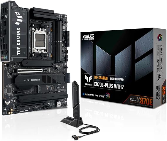 TUF Gaming X870E-PLUS WIFI7 AMD X870E ATX Motherboard with 16+2+1 80A, DDR5 Support with AEMP, PCIe 5.0 x16 with PCIe Q-Release Slim Slot, Four M.2 Slots, WiFi 7 with Antenna ASUS