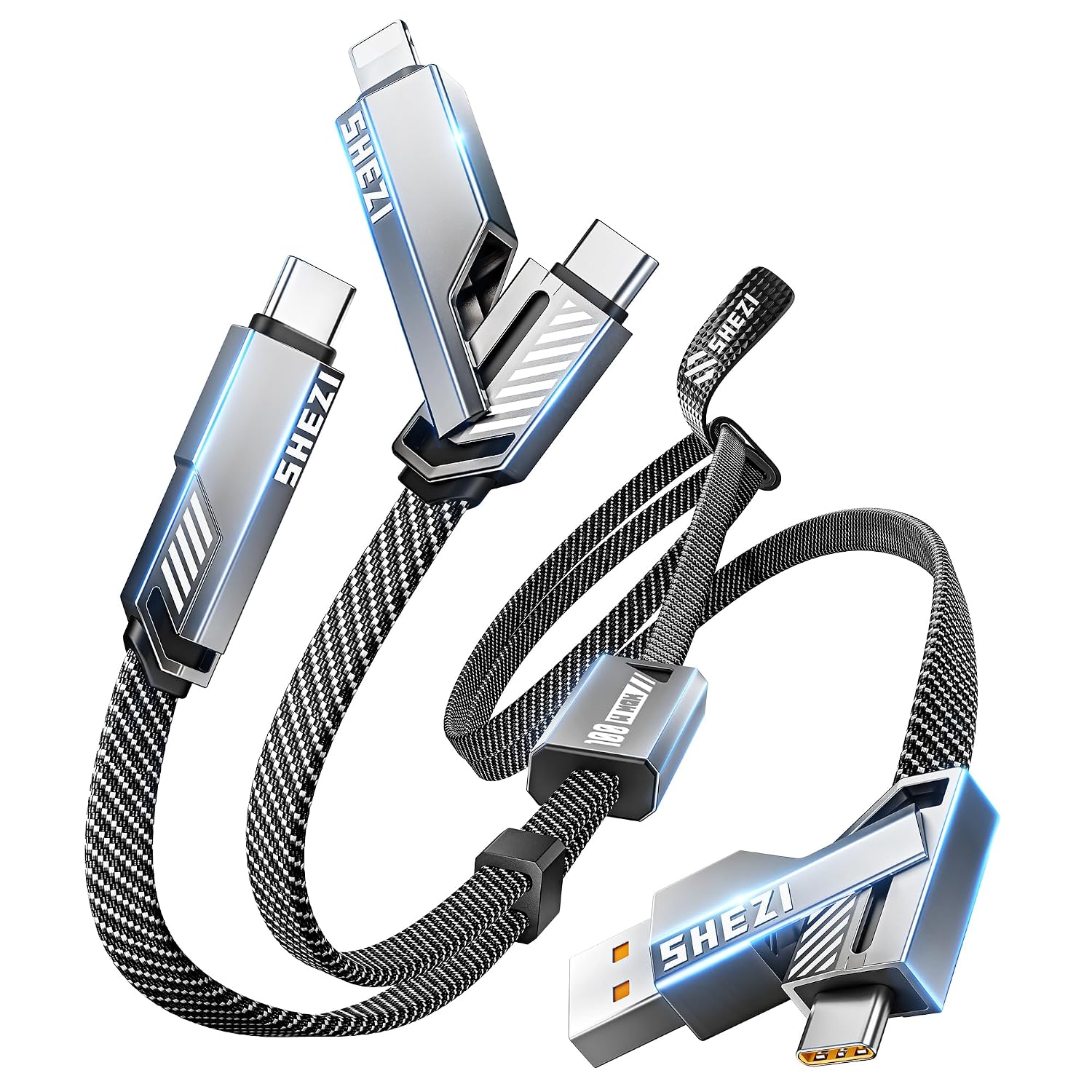SHEZI Upgraded 6 in 1 Multi Charging Cable, 100W USB C to Lightning Cable [1G File Done in 20s] Fast Charging for iPhoneiPad, Flat Braided Multiple Charger Cord Combo LType CUSB A-5FT