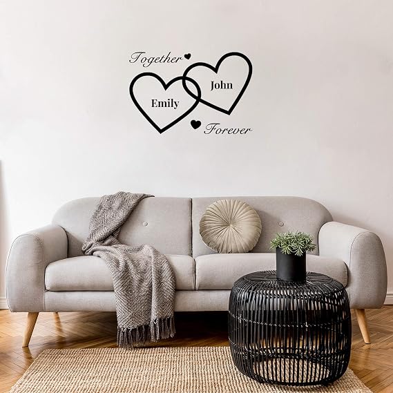 Vinyl Wall Art Decal - Custom Couples Names - 22" x 33" - Cute Together Forever Names Heart Shape Design Sticker for Couples & Family Love Bedroom Closet Bathroom Mirror Living Room Decor (Black)