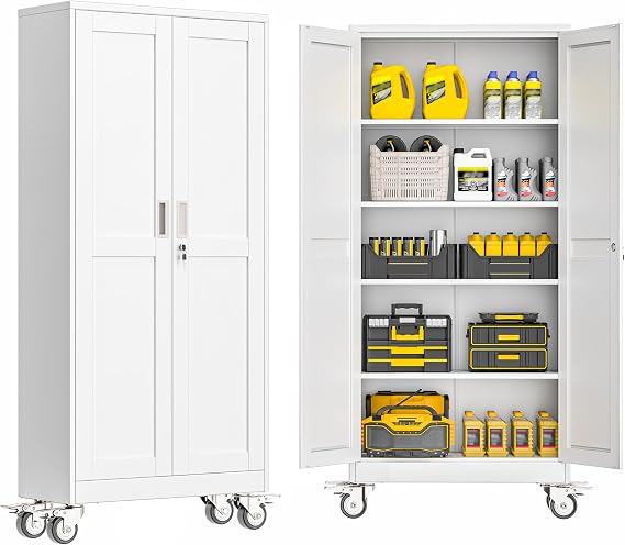 GAIOUS Metal Garage Storage Cabinet with Lock, Steel Tool Cabinet with 2 Door and 4 Adjustable Shelves, 71 Tall Lockable File Cabinet with Wheels, Rolling Cabinet for Home Office Garage Gym - White