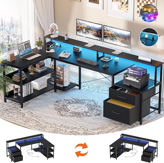 Aheaplus L Shaped Desk with File Drawer, RGB LED, 66" L Shaped Gaming Desk