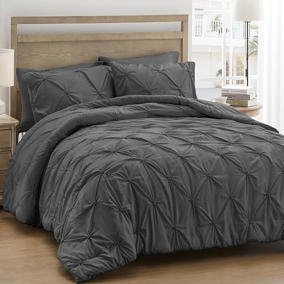 UNIKOME Queen Comforter Set Dark Gray - Ultra Soft Boho Pintuck Down Alternative Bedding Set for All Seasons, 3 Pieces Lightweight Warm Pinch Pleat Bed Set with Comforter, 2 Pillowcases