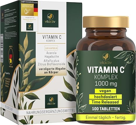 VITACTIV Vitamin C Komplex + Acerola - Vitamin C Hochdosiert 1000mg &amp; Time Released - Vitamine aus Acerolakirsche Hagebutte Alfalfa plus Zitrus Bioflavonoide - Laborgeprüft Vegan 100 Tabletten