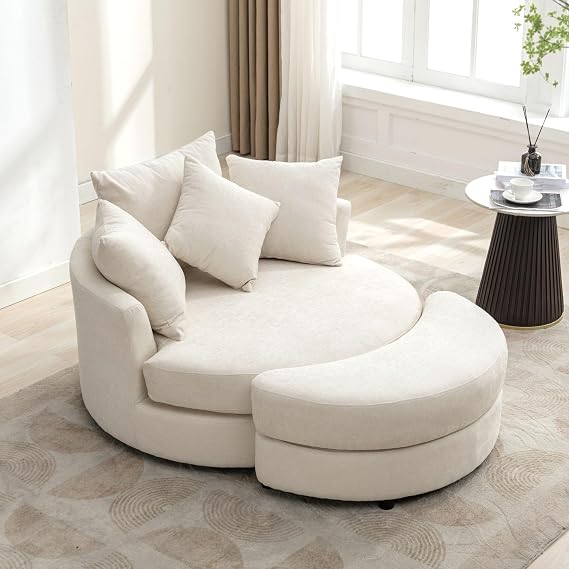 DEINPPA Swivel Book Nook Chair with Storage Ottoman and 4 Movable Pillow Backrest, 360 Rotating Round Barrel Sofa Chair for Living Room Hotel Bedroom Office Lounge (Cream + Chenille+ Foam)