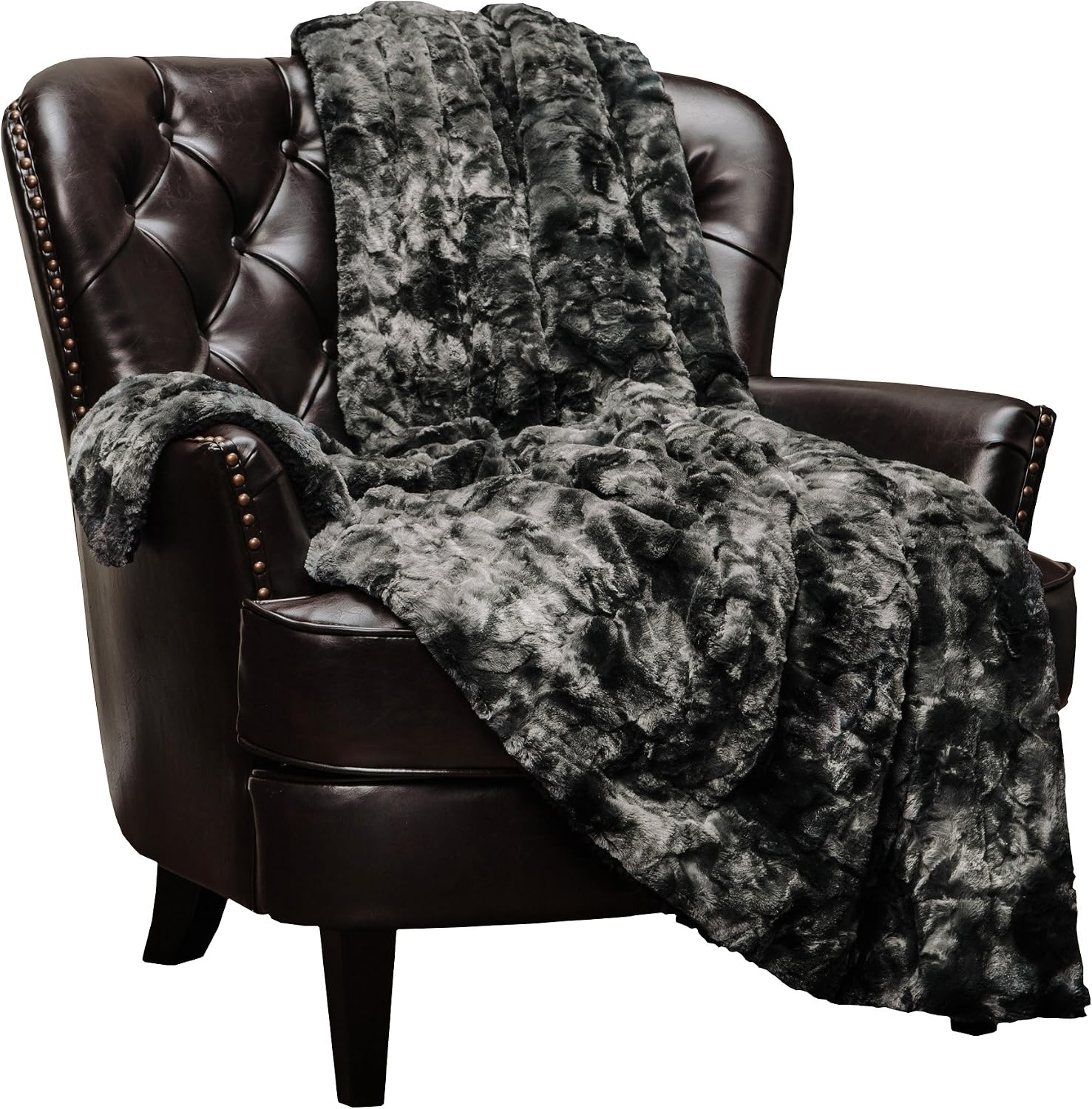 Chanasya Premium Wolf Faux Fur Throw Blanket - Soft, Fuzzy Sherpa & Minky Throw Blanket - for Bed or Couch - 108 x 86” King Size - Black