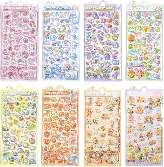 8 Sheets Cute 3D Puffy Stickers for for Kids 3D Stickers Scrapbook Laptop Phone Case Kawaii Cartoon Waterproof Bubble Stickers DIY Craft Mini Stickers for Water Bottle Children Reward (Set 1)