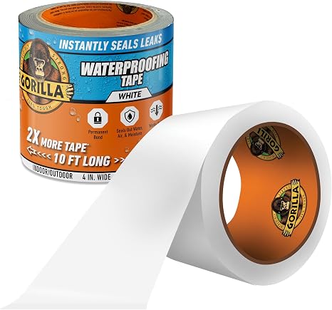 GORILLA Waterproof Patch & Seal Tape, White Tape, 4" x 10' (Pack of 6) - Permanent Weather Resistant Seal for Leaks and Repairs