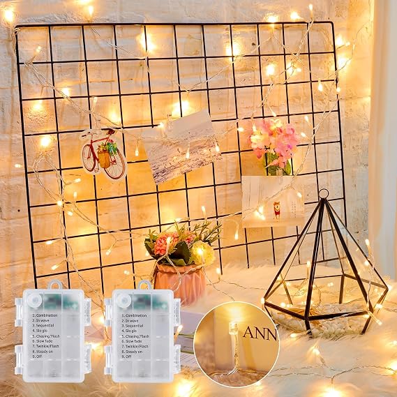 Minetom Battery Operated String Lights Outdoor, 2 Pack Total 66FT 200 LED Battery Powered String Lights with Time, 8 Modes, Waterproof Christmas Light for Outside Indoor Bedroom Tree, Warm White