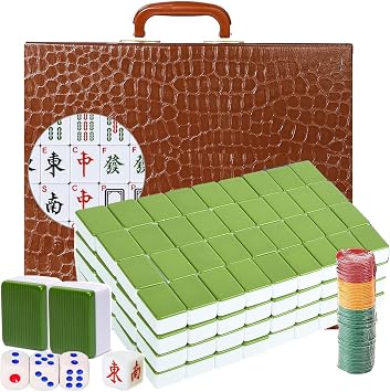 Mahjong Set, Chinese Mahjong Game Set with Carrying Travel Case,36x27mm,Large 144+2 Tiles with Arabic Numerals, 3 Dice, A Wind Indicator and a Set of Chips Green
