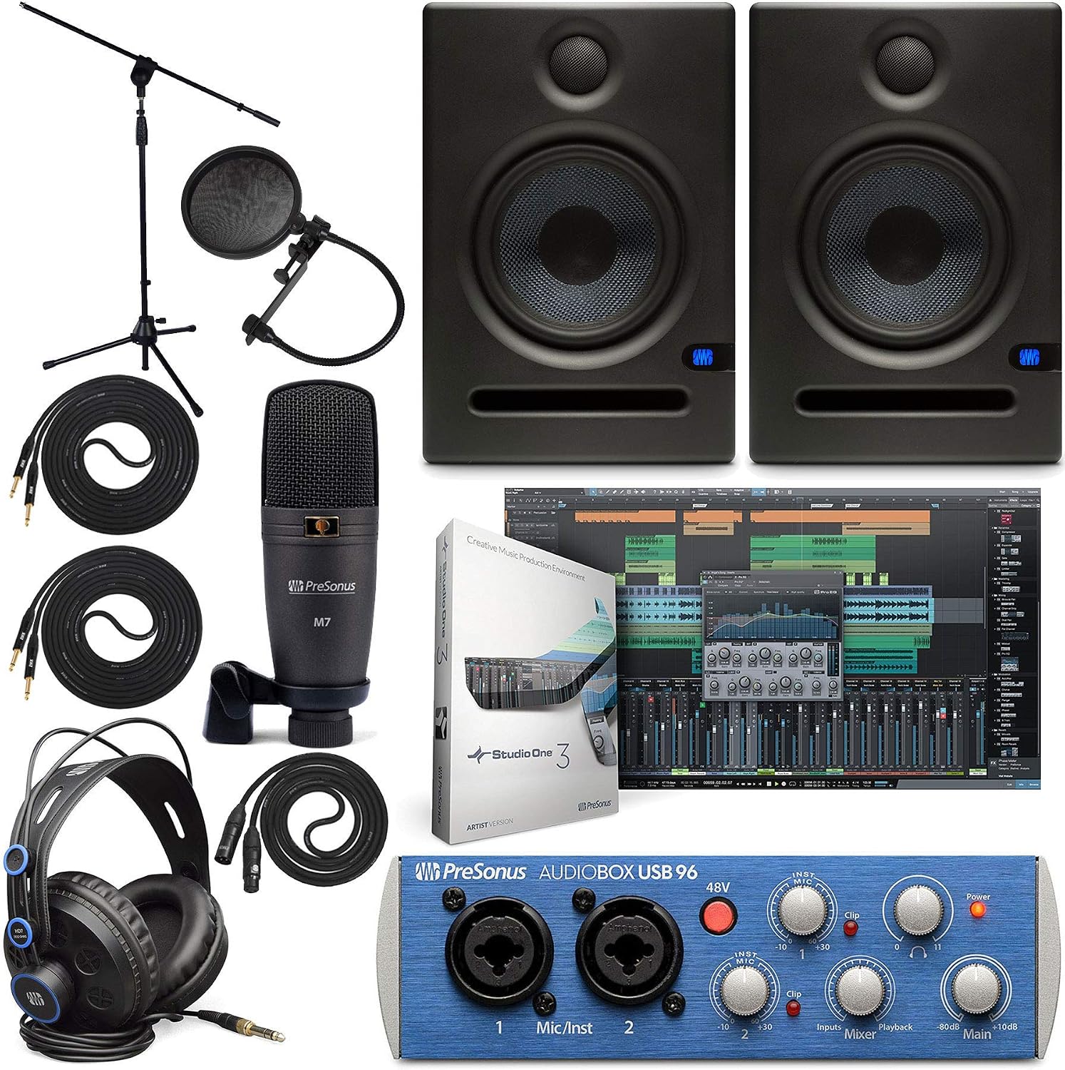 Presonus AudioBox 96 Audio Interface May Vary in Blue or Black Full Studio Bundle with Studio One Artist Software Pack wEris E5 Pair 2-Way Studio Monitors and 14” Instrument Cable