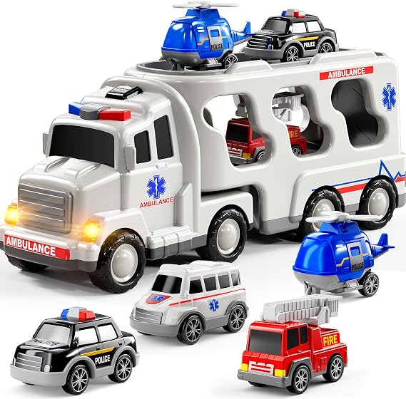 Ambulance Truck Boys Toys for 3 4 5 Year Old Toddlers, Transport Vehicle Carrier, Toy Sets Kids 3-6, Gift for Boys & Girls Ages 4-6 5-7 (Ambulance 5 in 1)