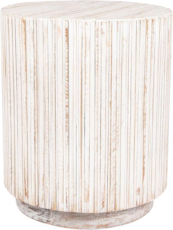 East at Main Monroe White Teak End Table, Round Solid Wood Side Table