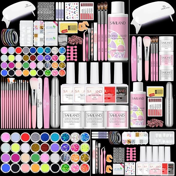 SAVILAND Acrylic Nail Kit with U V Light: HEMA & MMA Free Acrylic Set with Nail Drill Clear White Pink Acrylic Powder, 3 Colors Gel Nail Polish, Complete Manicure Tools for Acrylic Nail Home Salon Use