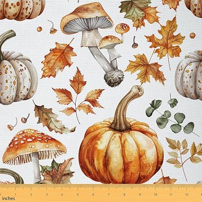 Country Rustic Farmhouse Fabric by The Yard,Mushroom Maple Leaves Upholstery Fabric,Autumn Harvest Pumpkin Decorative Fabric Sofa Chair,White Gold Crafts & Sewing Supplies,5 Yards,180 L x 59 W
