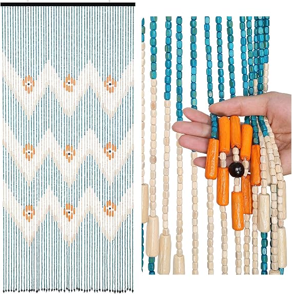 BECHAEO Beaded Curtain for Doorway Handmade Bamboo Wooden Door Beads Hanging Room Divider Hippie Curtain for Hallway Window Boho Rustic Home Store Decor, 35.5 x 75 Inches Blue
