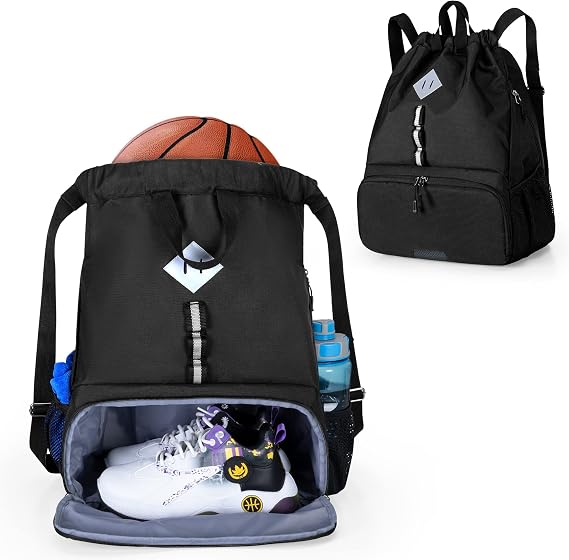 GOBUROS Basketball Backpack, Soccer Drawstring Bag with Ball Holder