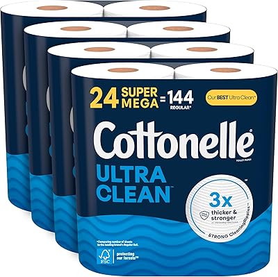 Cottonelle Ultra Clean Toilet Paper, 24 Super Mega Rolls 24 Super Mega Rolls = 144 Regular Rolls 4 Packs of 6, 426 Sheets Per Roll, Packaging May Vary