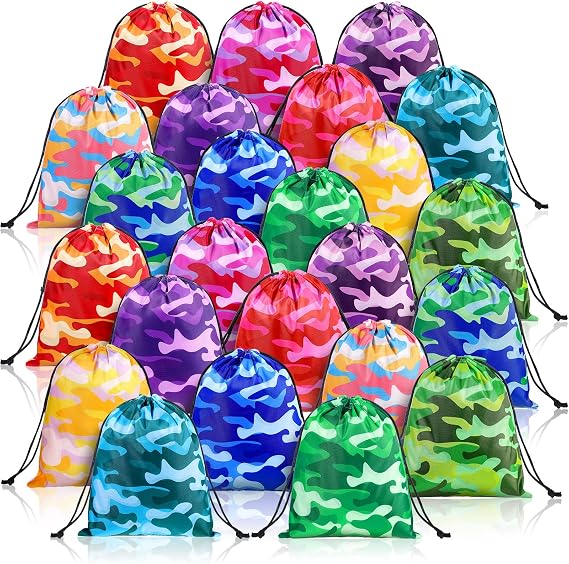 Amylove Camouflage Camo Drawstring Bags Party Favor for Kids Colorful Tie Dyed Party Gift Bag Goody Candy Bag Girls Boys Birthday Party Supply Toy Storage String Bag Travel Hike Camp Sport(24 Pack)