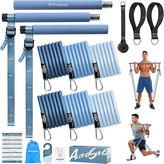 ALongSong Pilates Equipment Pilates Reformer Bar Set With 6 Elastic Resistance Bands 20-180LBS & Door Anchor for Full-Body Fitness Toning & Muscle Building | Home Workout/Gym/Travel