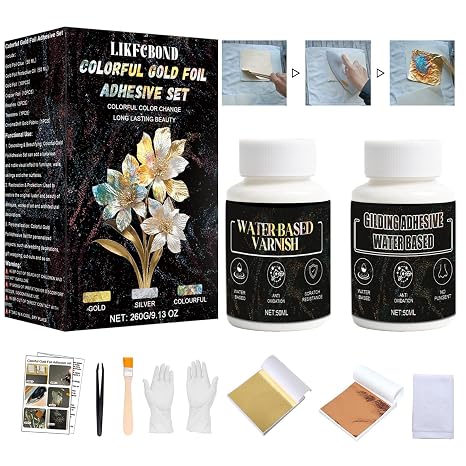 Gold Leaf Adhesive Kit, Variegated Copper Leaf Gilding Sheets | 50ml Gold Sheets Glue and Protective Varnish, 10Pcs Gold Foil and Copper Foil, Glue for Art, Painting, Crafts, Decoration