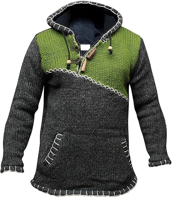 Shopoholic Fashion Men Cross Zipped Patchwork Fleece Lined Long Sleeve Boho Hippie Hoodie Woollen Jacket