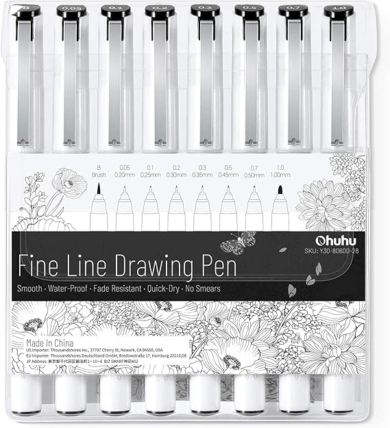 Ohuhu Fineliner Micro Drawing Pens: 8-size Tips (Ultra-fine, Fine & Brush) | Waterproof Pigment Black Ink for Illustration Drawing Journaling Sketching for Artist Beginners