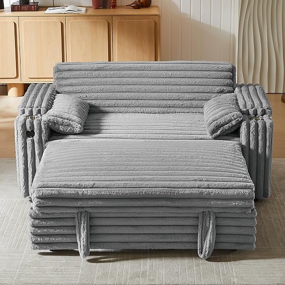 hansones 68" Corduroy Convertible Sofa Bed with USB, Storage Armrests & Pillows 3-in-1 Foldable Sleeper Chair Floor Couch for Living Room, Bedroom, Guest Room (ZY-1109-Light Gray)