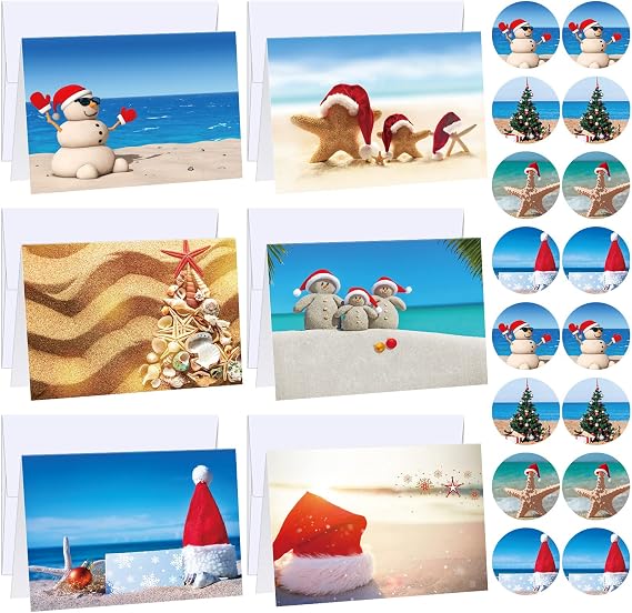 Spiareal 24 Sets Beach Christmas Greeting Cards 4.7 x 3.5 with Envelopes