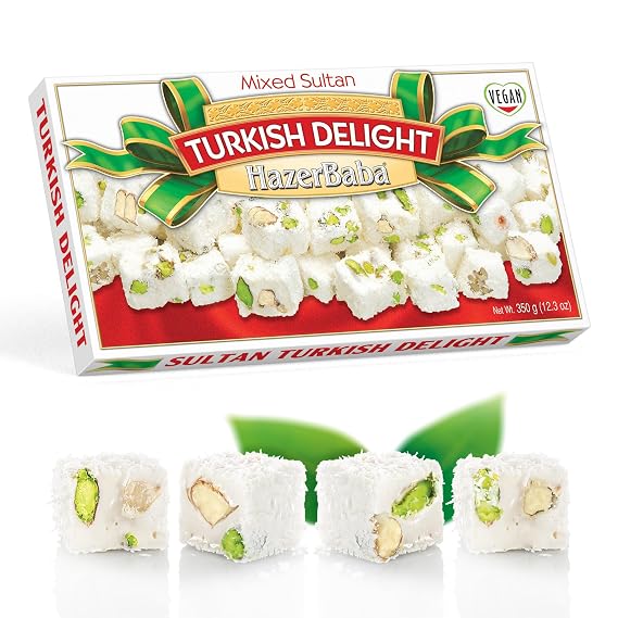 HazerBaba Double Roasted Turkish Delight Candy with Nuts,12.3oz (Pack of 1) | Lokum, Middle Eastern Sweets, Gluten Free Candy Variety Pack, Vegan Snack Box, Small Gift Box, Kosher Dessert, Halal Food