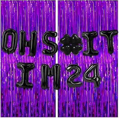 Purple and Black Oh Im 24! Latex Balloons with Fringe Curtains Cheers to 24 Years Old Hallo Thirteen Theme Decor for Man Woman Happy 24th Birthday Party Decorations Photo Studio Prop Supplies