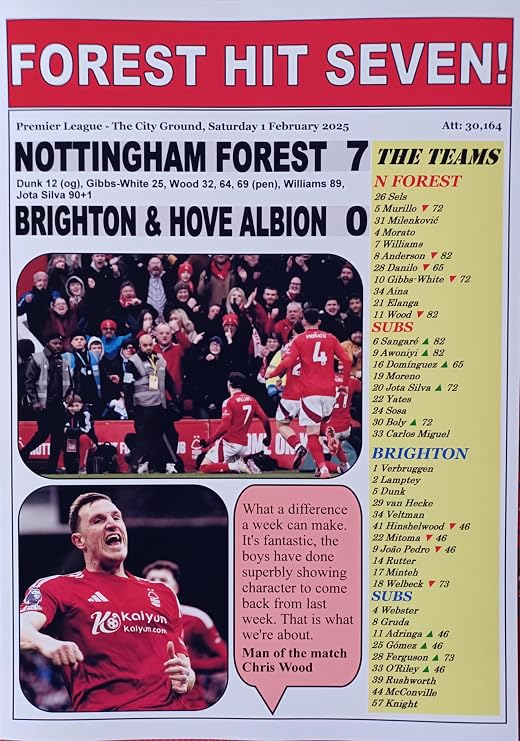 Nottingham Forest 7 Brighton 0-2025 Premier League - souvenir print