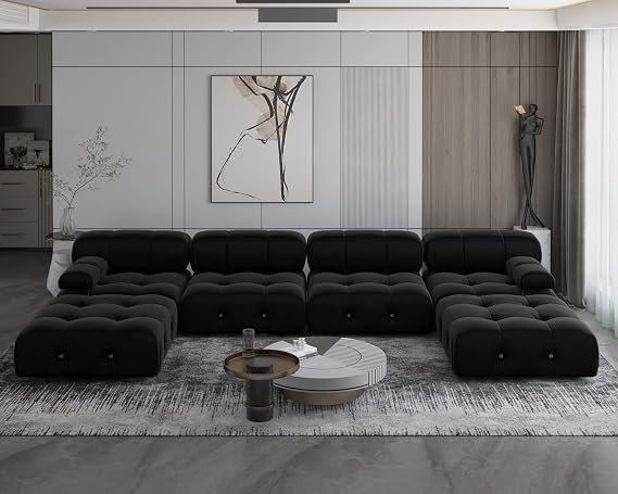 JACH U-Shaped Sectional Couch, 138'' Deep 4-Seat Couches, Minimalist Teddy Velvet Sectional Sofas with Chaise Ottomans, Convertible Modular Sleeper Sofa for Living Room Apartment (Black)