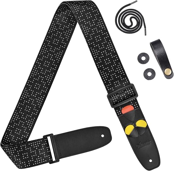 Amumu White Dot Guitar Strap with 3 Pick Holders for Acoustic, Electric, Bass Guitars -Black