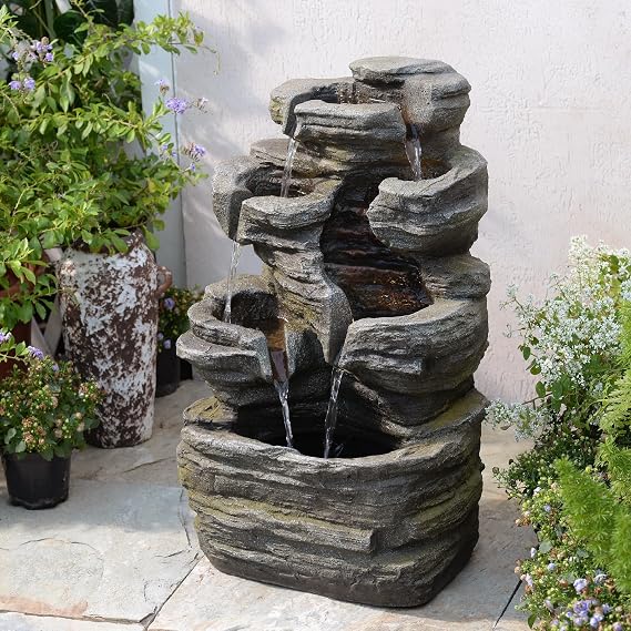 Bumilgar 62CM Rock Cascading Water Feature Outdoor&Indoor, 6-Tier Naturefalls Garden Features, Floor-Standing Waterfall With Lights For Patio, Backyard, Deck, Porch, Home Decor, Stone Gray